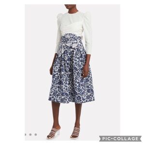 ULLA JOHNSON Virgil Printed Denim Pleated Skirt w/ Bow.  Size 8